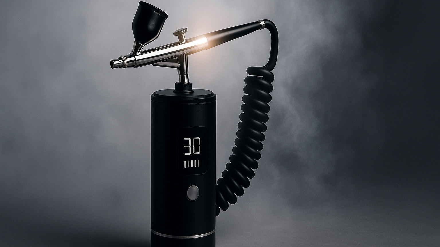 Black airbrush with coiled hose on a dark background